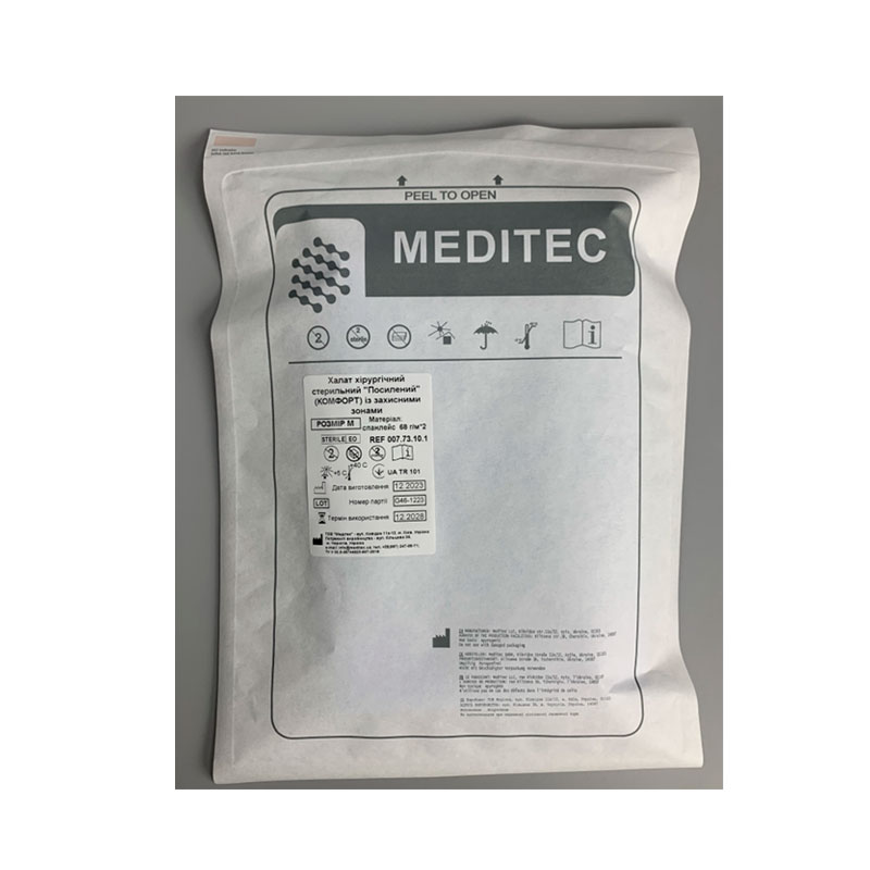 Халат хірургічний стерильний «Посилений» (КОМФОРТ) із захисними зонами, розмір М, матеріал спанлейс 68 г/м*2